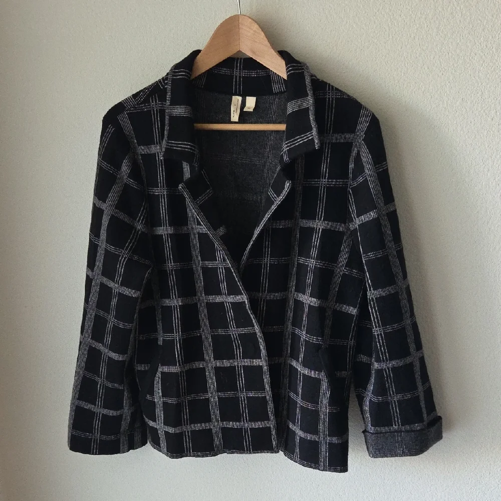 Moth by Anthropologie Knit Sweater Blazer Windowpane Checkered Black Gray Sz L